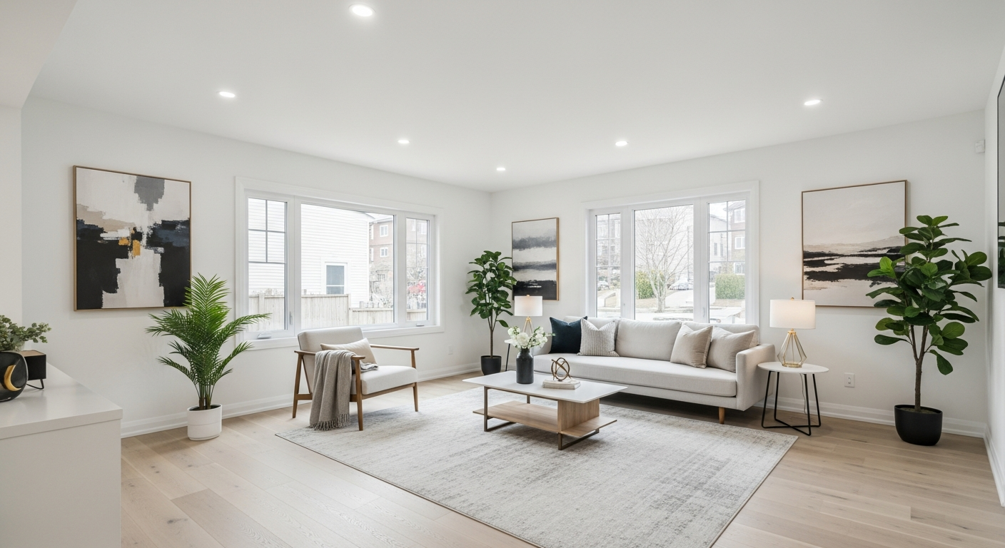 After AI furniture staging - modern living room virtual staging for listing photos