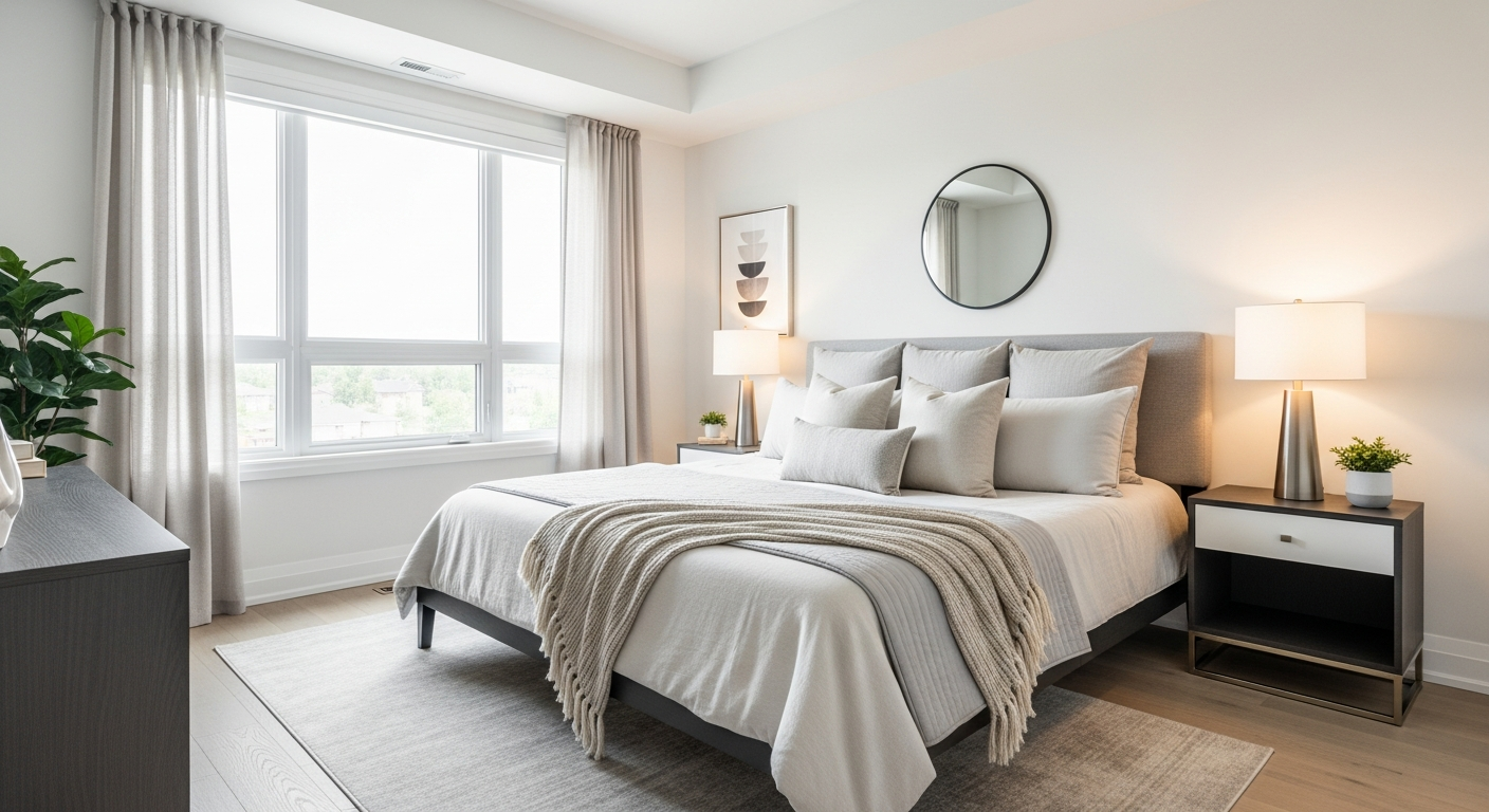 After AI interior staging - beautifully staged bedroom for MLS listing photos