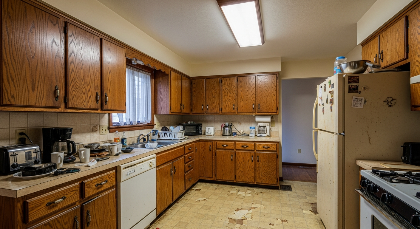 Before digital home staging - dated kitchen needs real estate photo editing staging